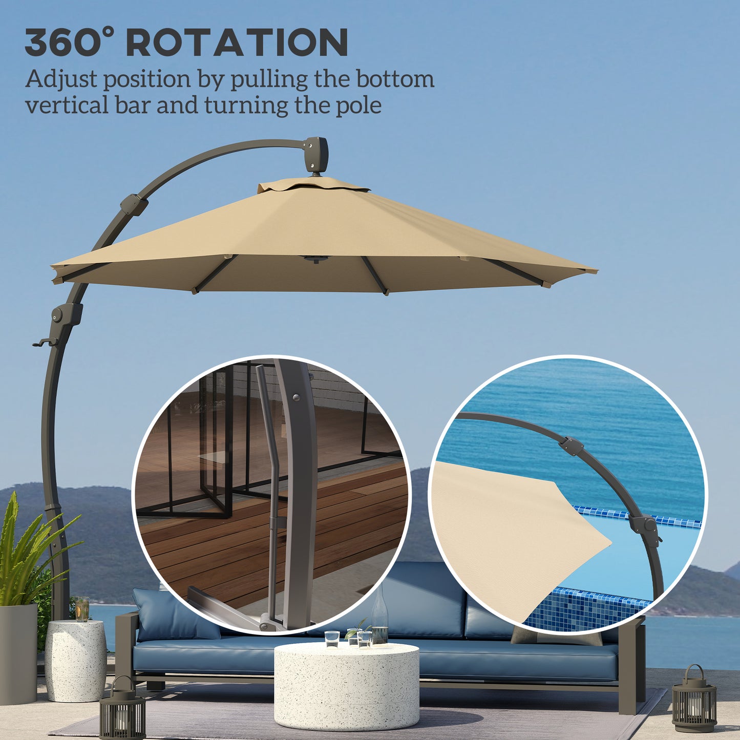 Outsunny Garden Cantilever Parasol, Round Umbrella, Crank Handle, Cross Base, 360° Rotation, Aluminium Frame, Banana Patio Sun Shade, Khaki