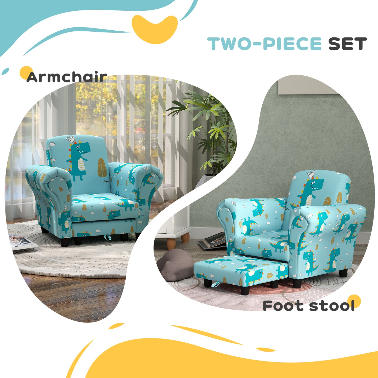 AIYAPLAY 2 Piece Kids Sofa Set with Dinosaur Design, Wooden Frame, for 1.5-3 Years Old - Blue