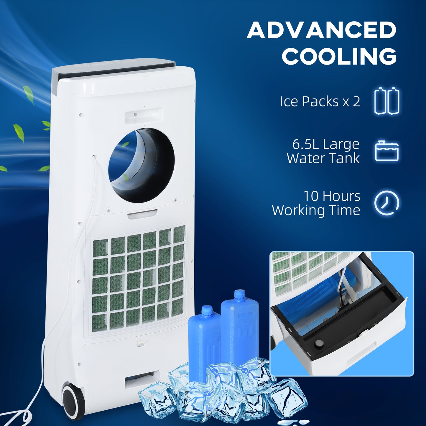 HOMCOM Evaporative Air Cooler, 6.5L 4-in-1 Bladeless Portable Cooler, Fan, Humidifier, Air Cleaner, with Remote & Wheels for Home Office, White