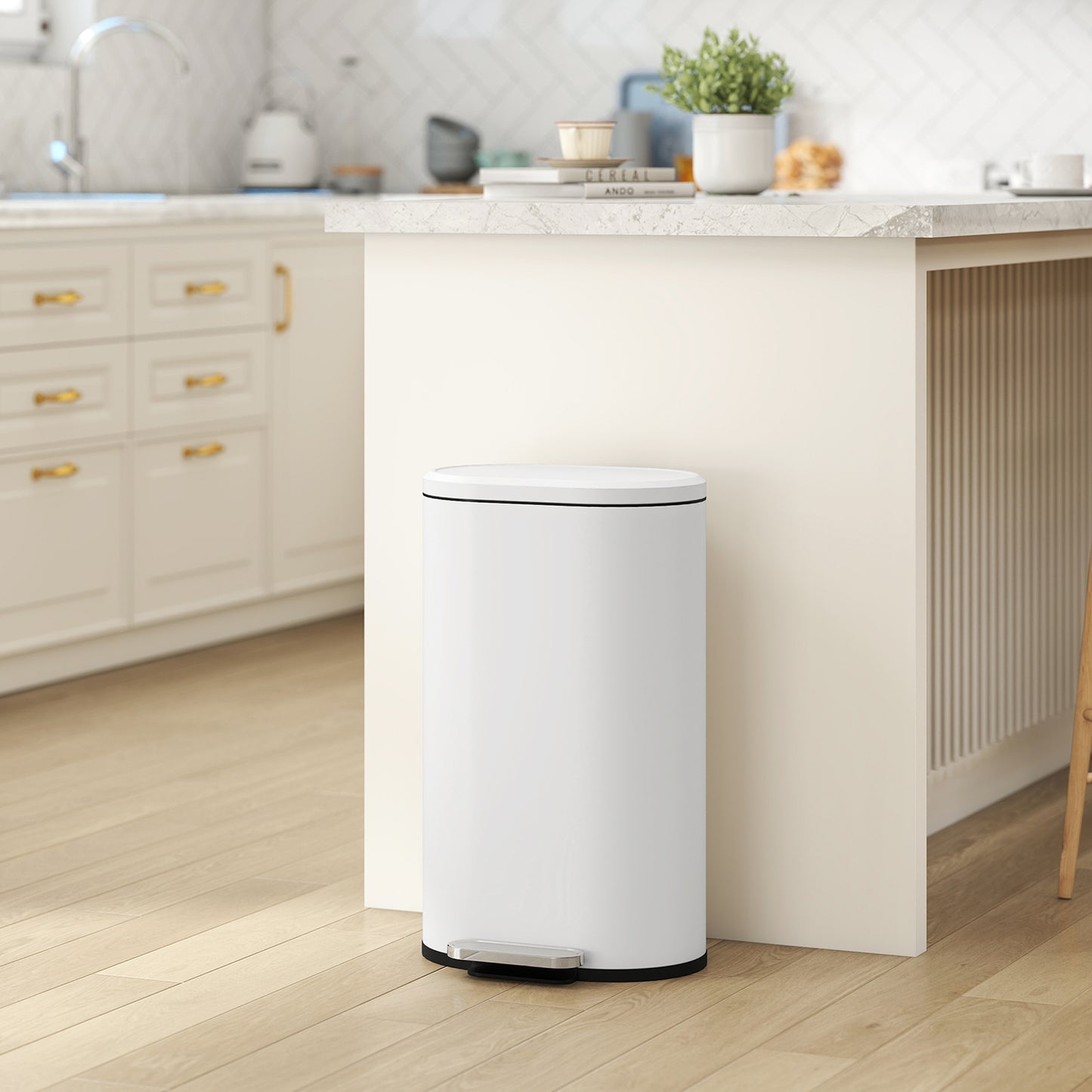 HOMCOM 30L Kitchen Bin, Slim Rectangular Pedal with 90° Stay-Open and Soft-Close Lid, Removable Inner Bucket, Fingerprint-Resistant, Cream.