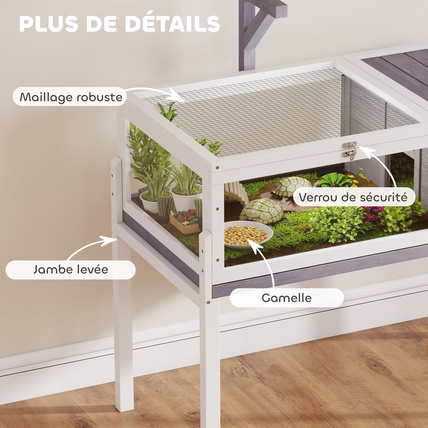 PawHut Turtle house enclosure 2 areas with lamp holder hinged roof sliding tray 104 x 53 x 82 cm gray