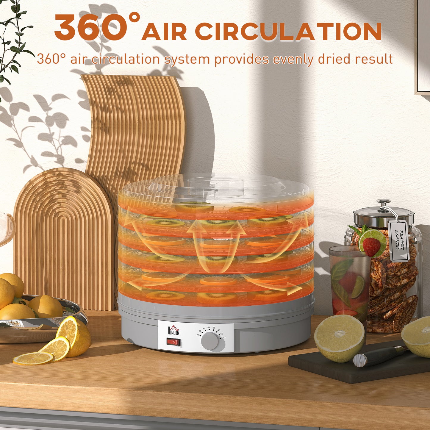 HOMCOM 5 Tier Food Dehydrator, 245W Food Dryer with Adjustable Temperature for Fruit, Meat, Veggies, Jerky, Pet Treats, Grey