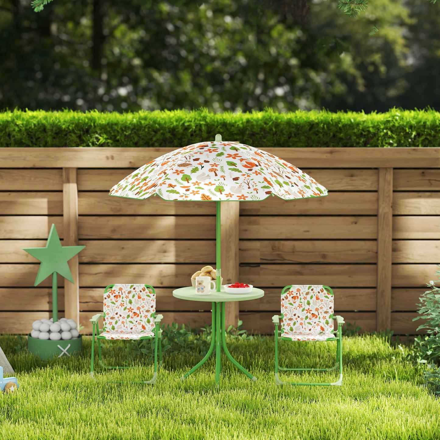 AIYAPLAY 4 Pieces Kids Garden Table and Chair Set with Adjustable Parasol, Folding Chairs, Table, Fox Pattern, Green