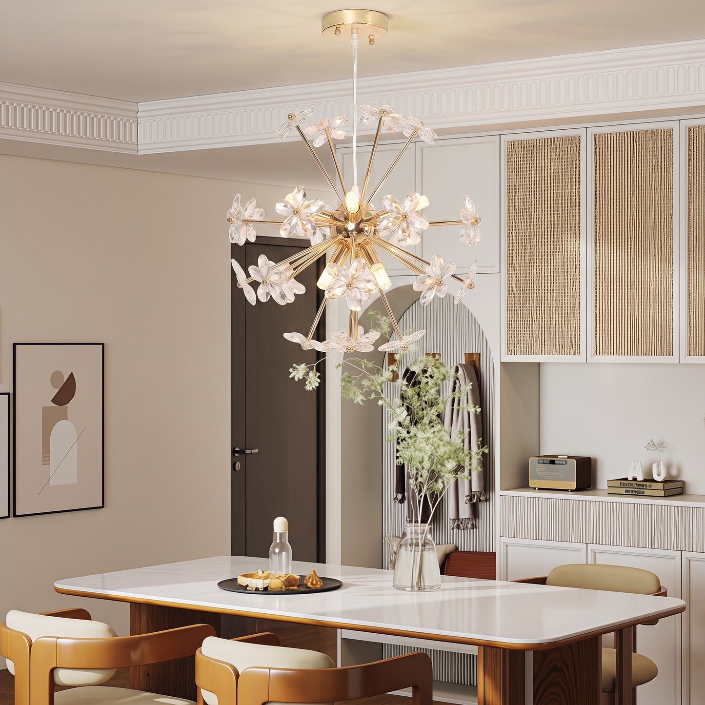 HOMCOM Crystal Chandeliers Ceiling Light with Flower, Modern Pendant Light with Adjustable Height, Ceiling Plate, Clear