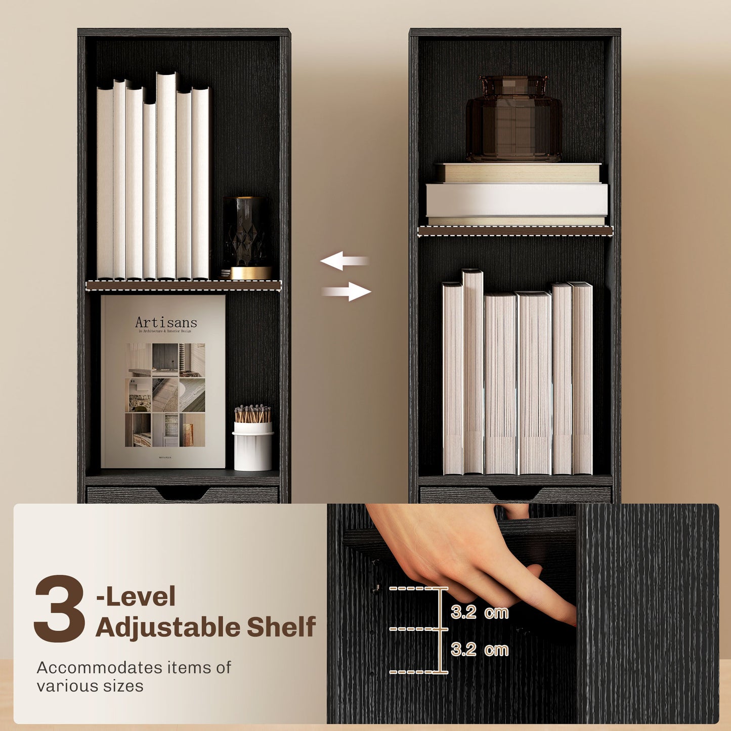 HOMCOM 6-Tier Bookcase, Tall Narrow Bookshelf with Drawer and Door - Black