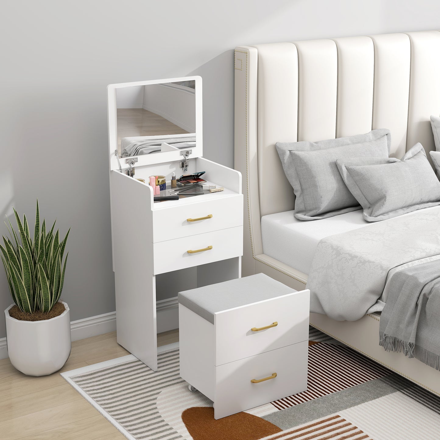 HOMCOM 3-in-1 Dressing Table with Flip-top Mirror, Glass Top, Drawers, Side Hook, Rolling Cushioned Storage Stool, White.