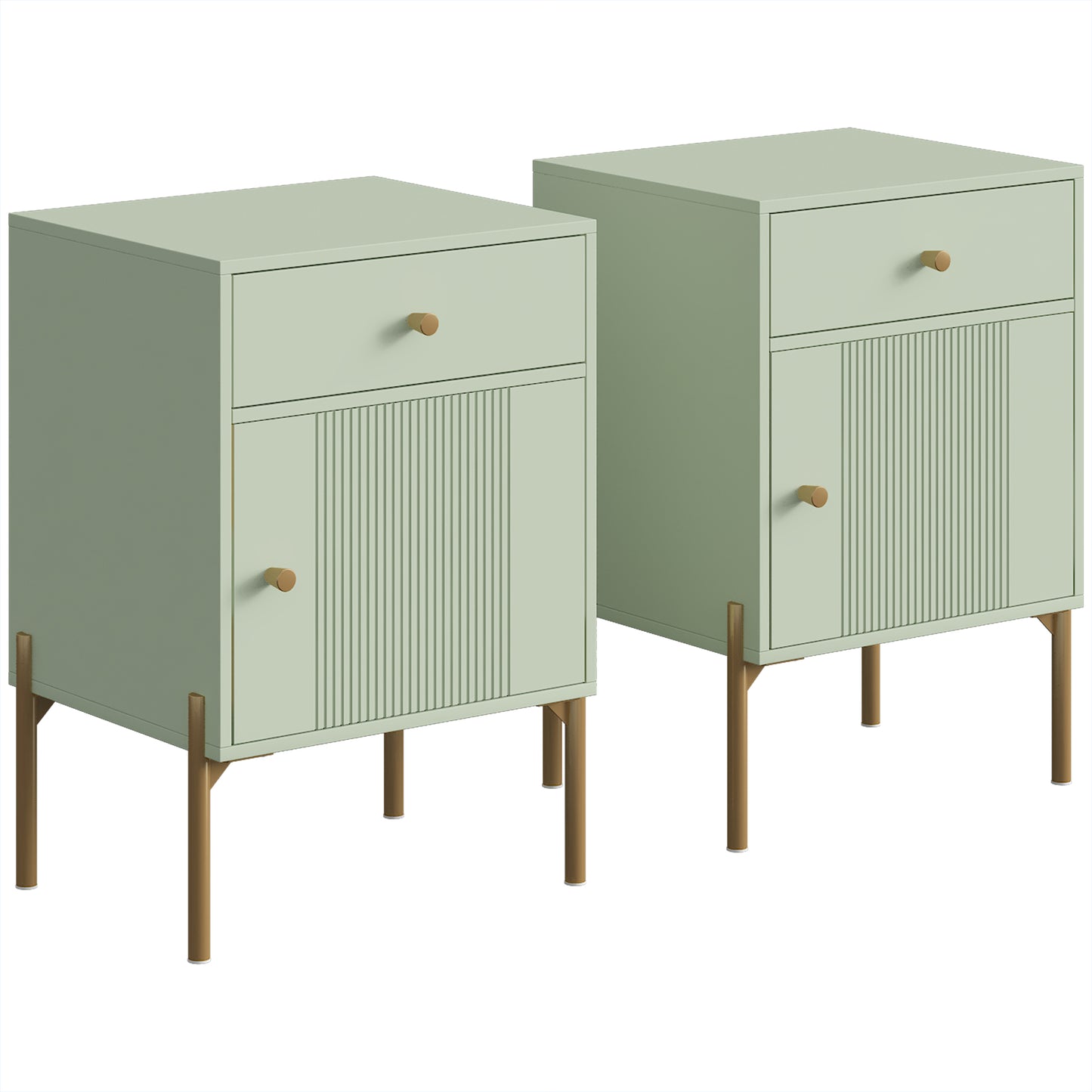 HOMCOM Modern End Table Set of 2, Side Tables with Drawer, Cabinet and Metal Legs for Living Room, Bedroom, Light Green