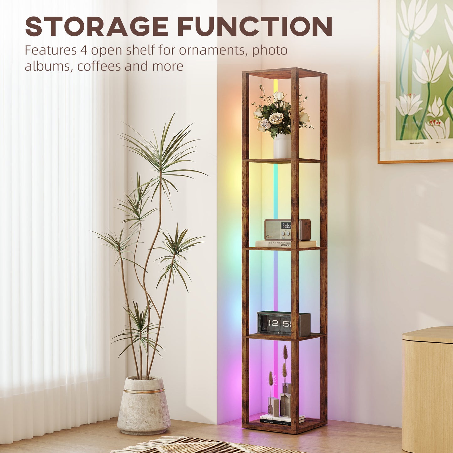 HOMCOM RGB LED Floor Lamp with Shelves, Modern Dimmable Light, Remote Control, Adjustable Brightness & Speed for Living Room, Rustic Brown