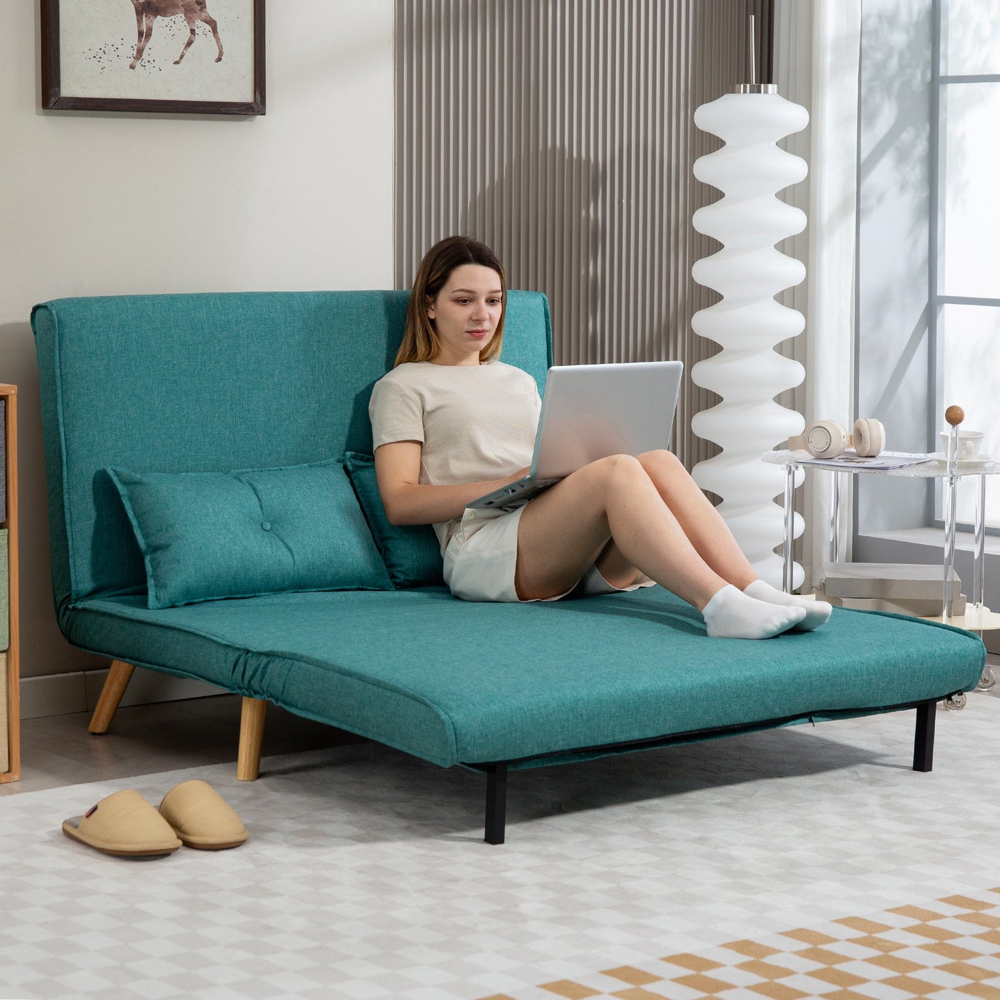 HOMCOM Two-Seater Linen-Look Sofa Bed - Green