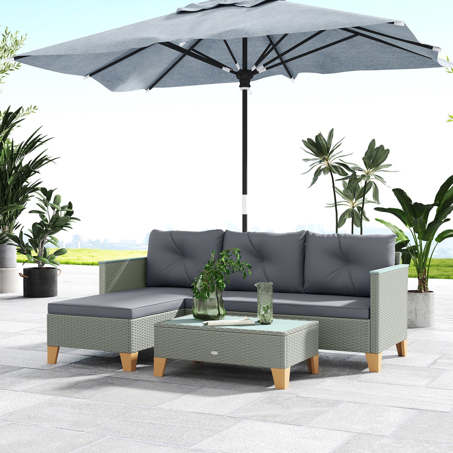 Outsunny 3-Piece Rattan Garden Furniture Set, L-Shaped Chaise Lounge with Wood Top Coffee Table & Thick Cushions, Charcoal Grey