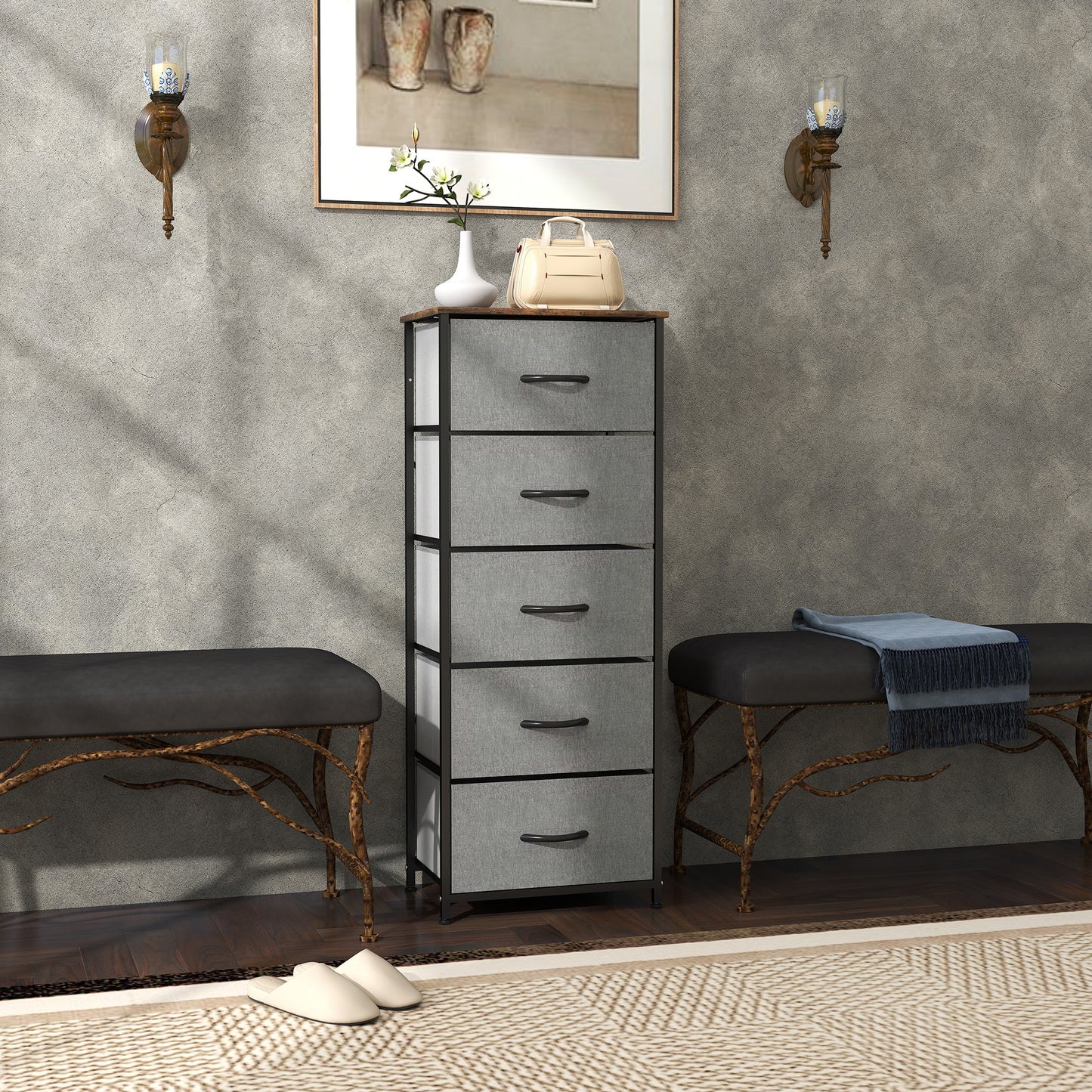 HOMCOM Industrial Fabric Chest of Drawers with 5 Fabric Drawers, Steel Frame, Wooden Top for Bedroom, Nursery, Hallway - Rustic Brown and Grey