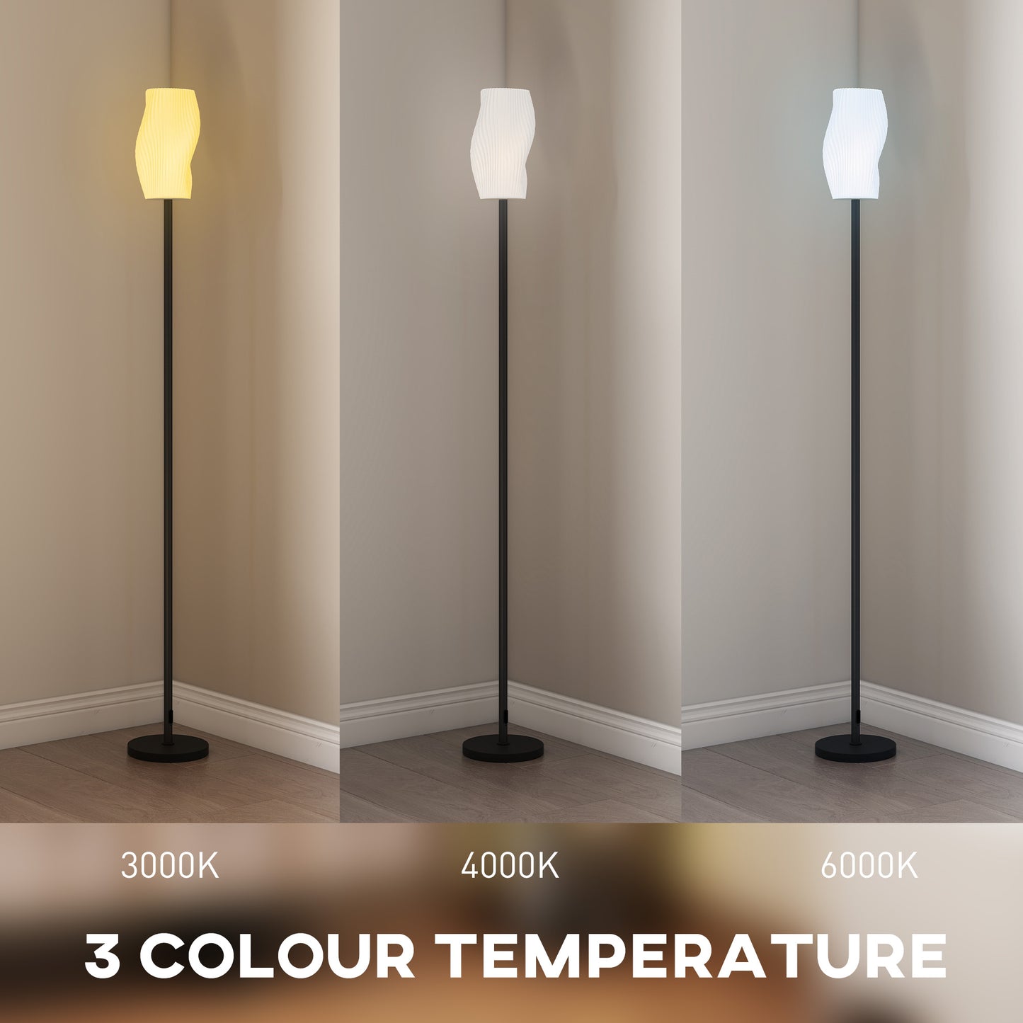 HOMCOM Floor Lamp, 3D Printed Modern Standing Lamp with Curved Shade, 3 Colour Temperature, Foot Switch, Minimalist Design, White