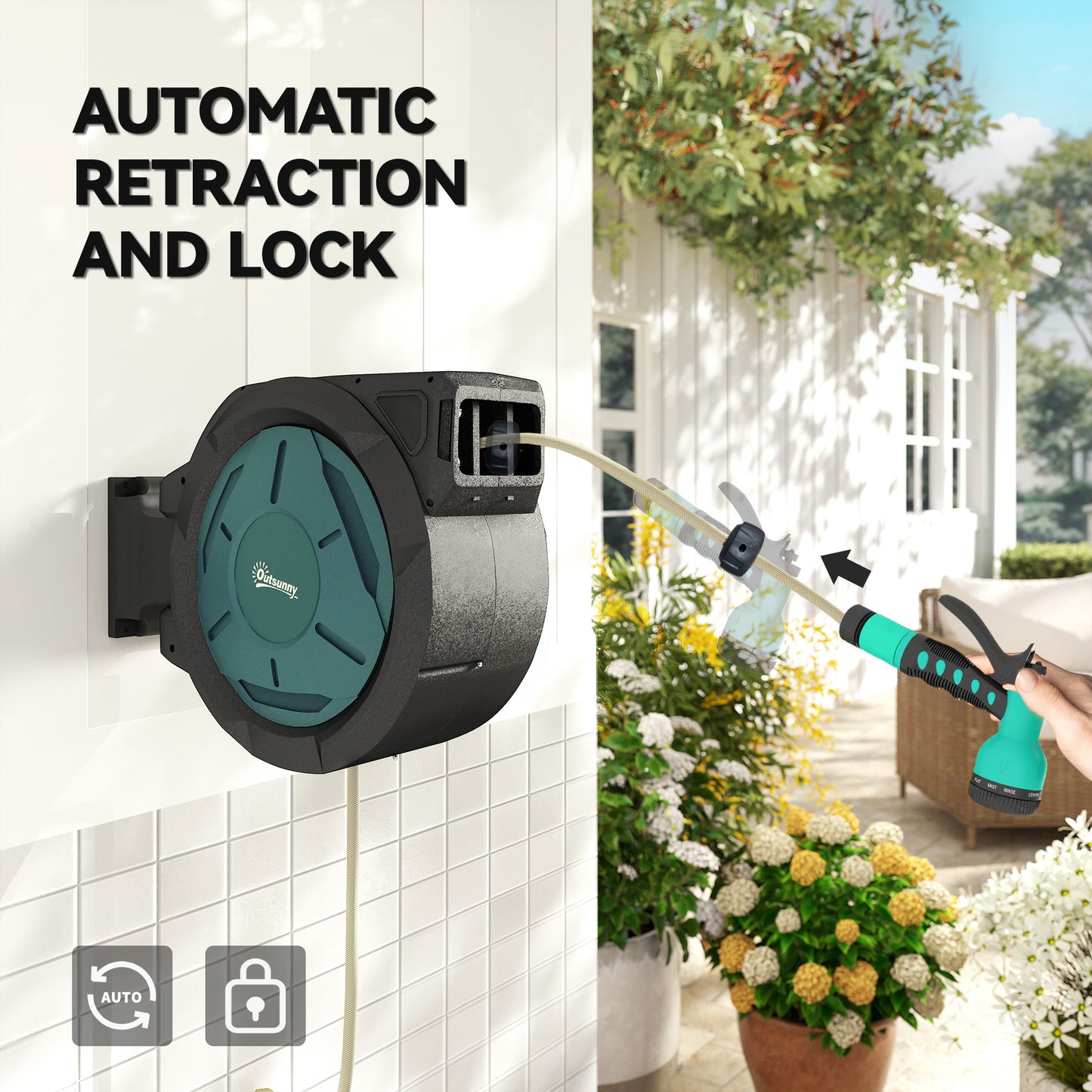 Outsunny Wall-Mounted Hose Reel 20+2m Auto Rewind Black