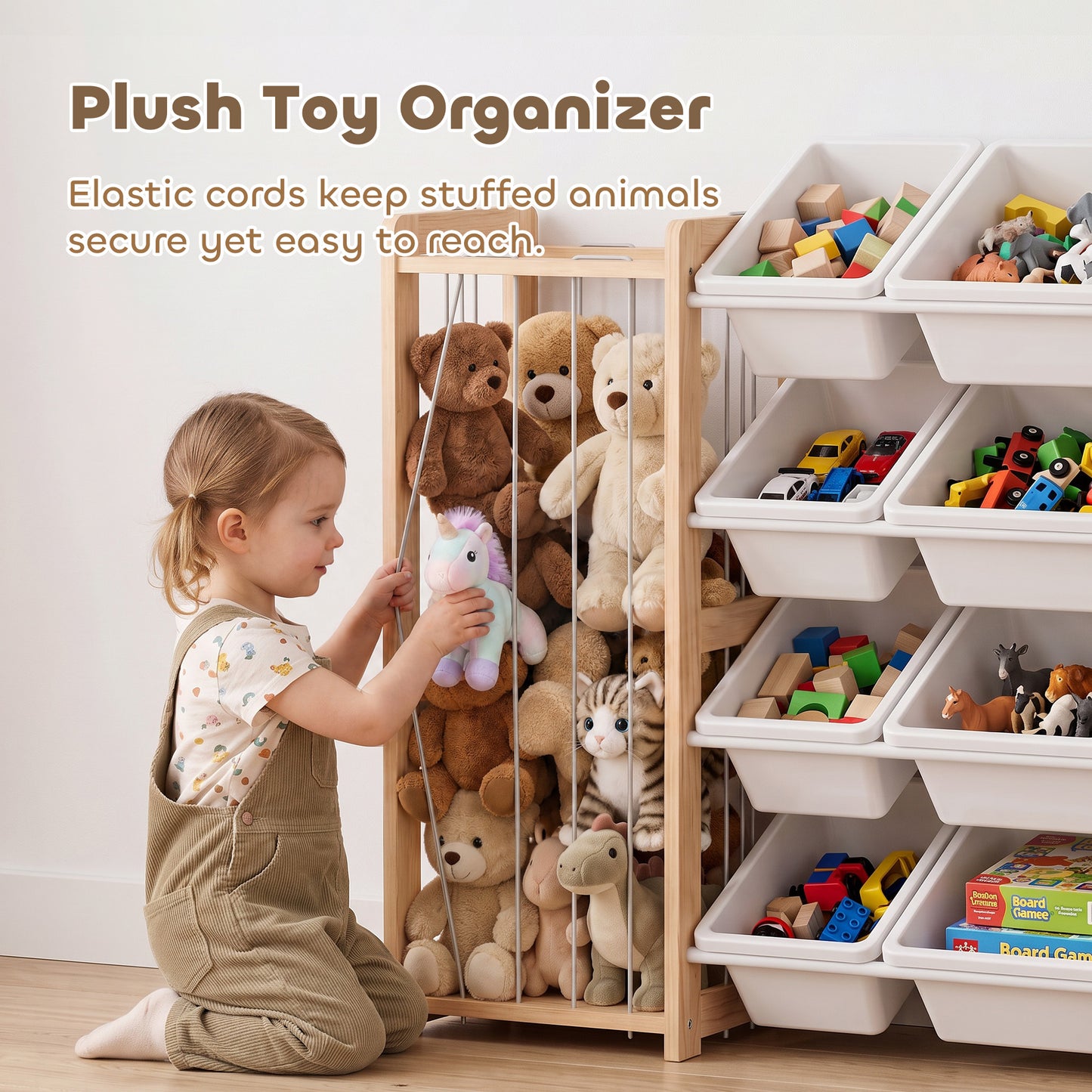 AIYAPLAY Wooden Toy Storage Unit with Stuffed Animal Storage, Bookshelf and 12 Bins for Kids Rooms, Bedroom, Playroom, Nursery