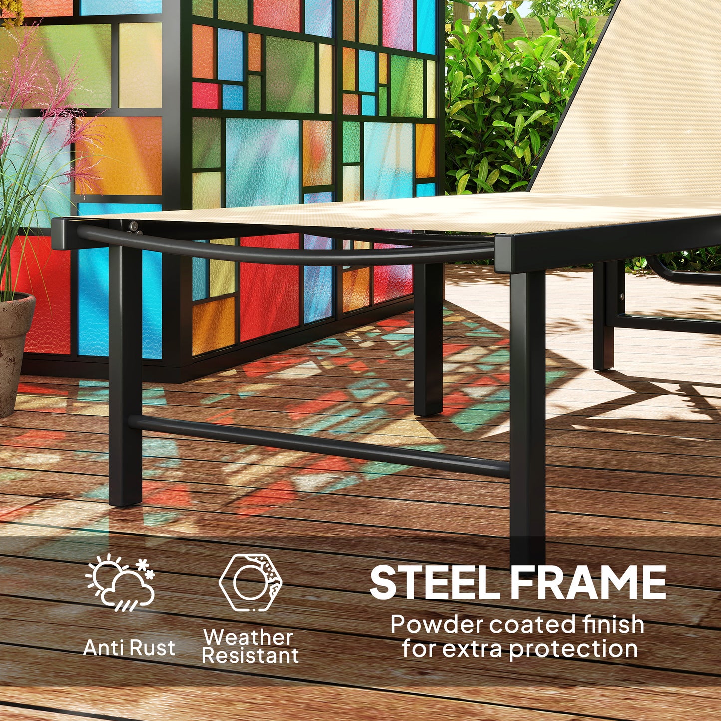 Outsunny 5-Level Adjustable Sun Lounger Chairs, Set of 2, Steel Frame Garden Sunbed with Texteline Seat for Patio, Beach, Khaki