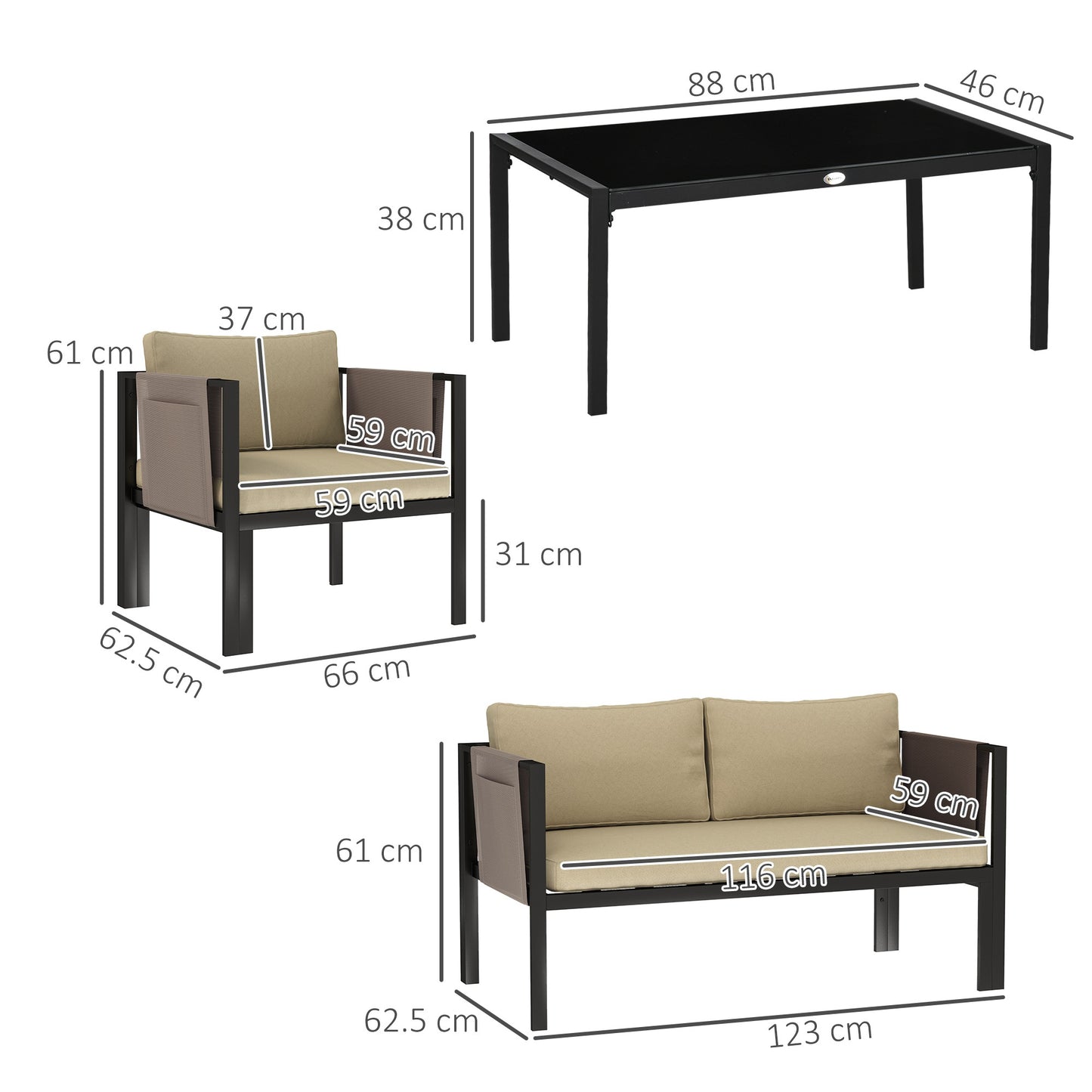 Outsunny 4-Piece Metal Garden Furniture Set with Tempered Glass Table, Loveseat, Single Armchairs, Padded Cushions, Khaki