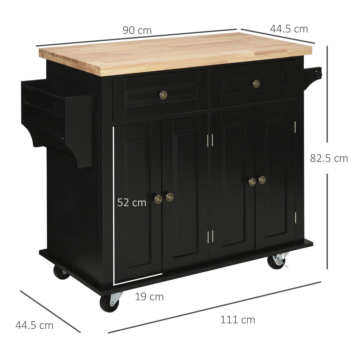 HOMCOM Rolling Kitchen Island Storage Trolley with Rubber Wood Top & Drawers for Dining Room, Black