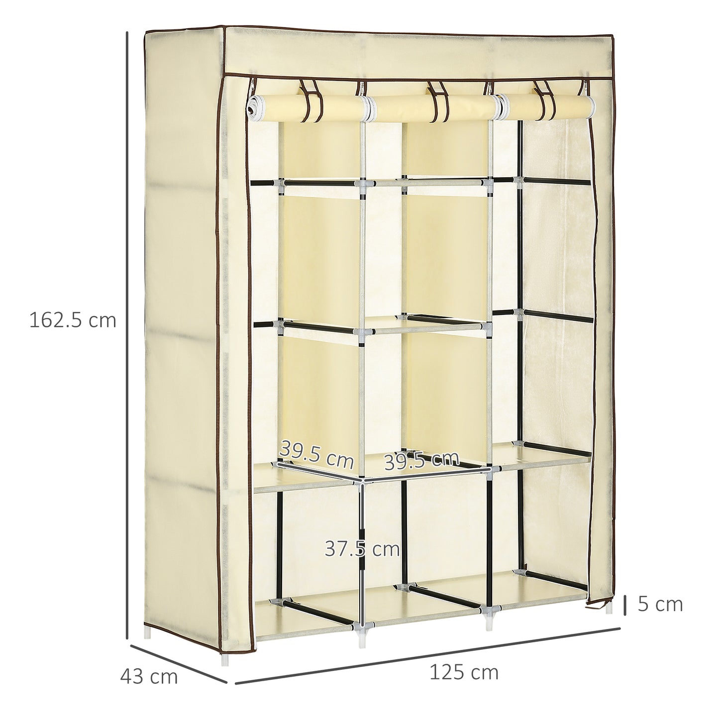 HOMCOM Fabric Wardrobe, Portable Wardrobe, Clothes Storage Unit with 8 Shelves, 2 Hanging Rods, 125 x 43 x 162.5 cm, Cream White