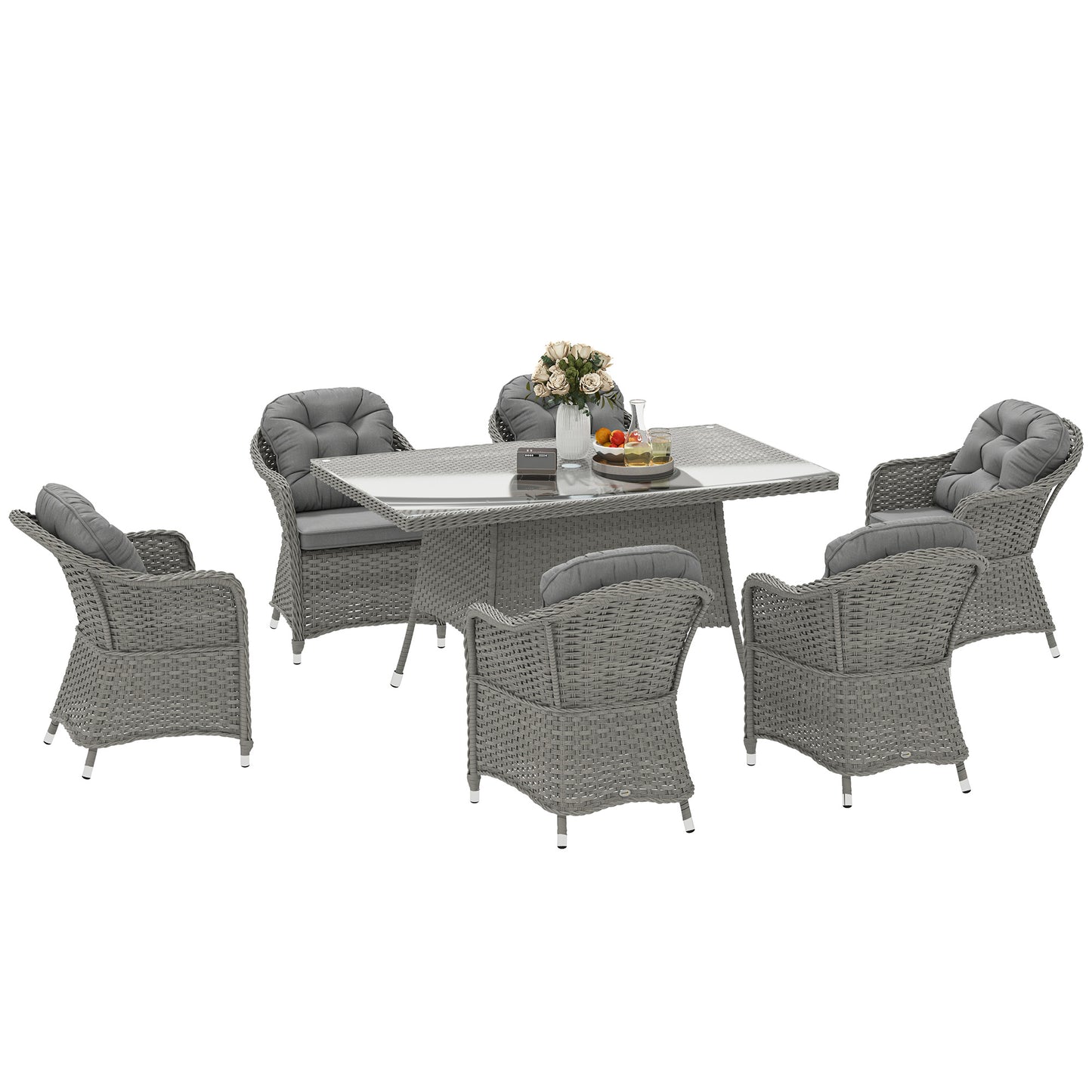 Outsunny 6 Seater Rattan Dining Set with Cushions, PE Rattan Garden Furniture, Rectangular Glass Table with Umbrella Hole, Light Grey