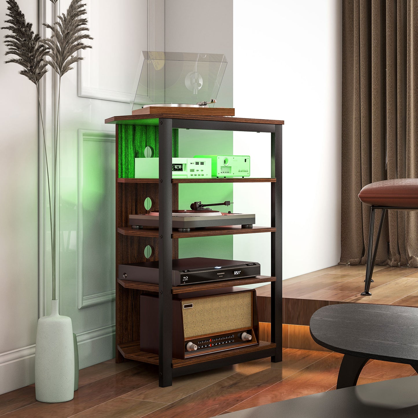 HOMCOM TV Stand, 4-Tier Corner with Storage, LED Lights, Cable Management for TVs up to 29", Living Room/Bedroom, Small Unit, Black