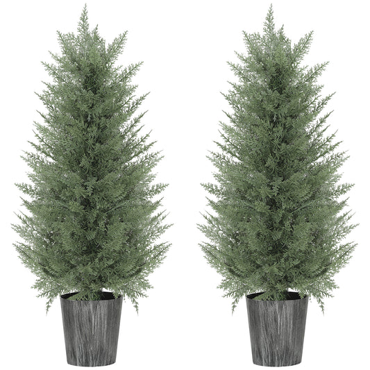 HOMCOM Set of 2 90cm Artificial Cypress Trees, UV Resistant with Decorative Pot, Fake Plants for Indoor/Outdoor Decor, Green
