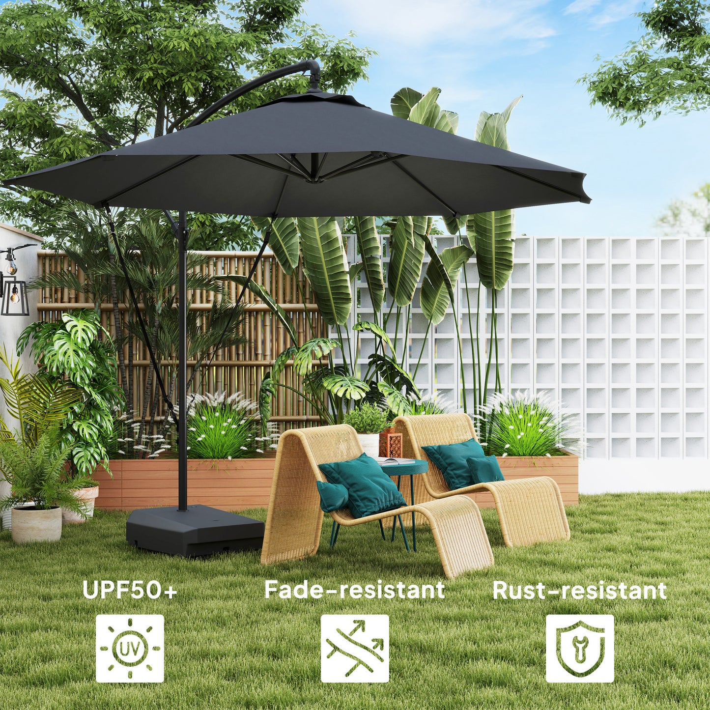 Outsunny Garden Cantilever Parasol with Fillable Base, Wind Strap, Cover, Crank Handle, Tilt, UPF50+ Sun Shade, Grey