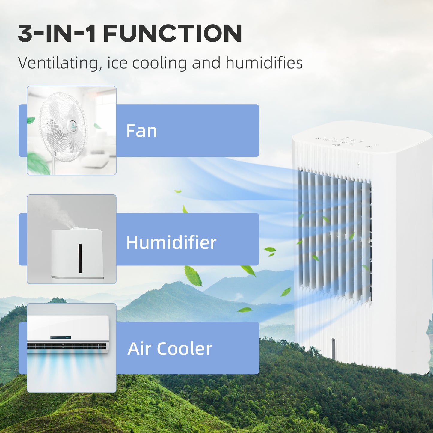 HOMCOM Portable Air Cooler with 5 Litre Water Tank, Oscillation, LED Display, Remote, 15 Hour Timer, Evaporative Air Cooler Fan with 3 Speeds, 3 Modes, Ice Packs, for Home Office