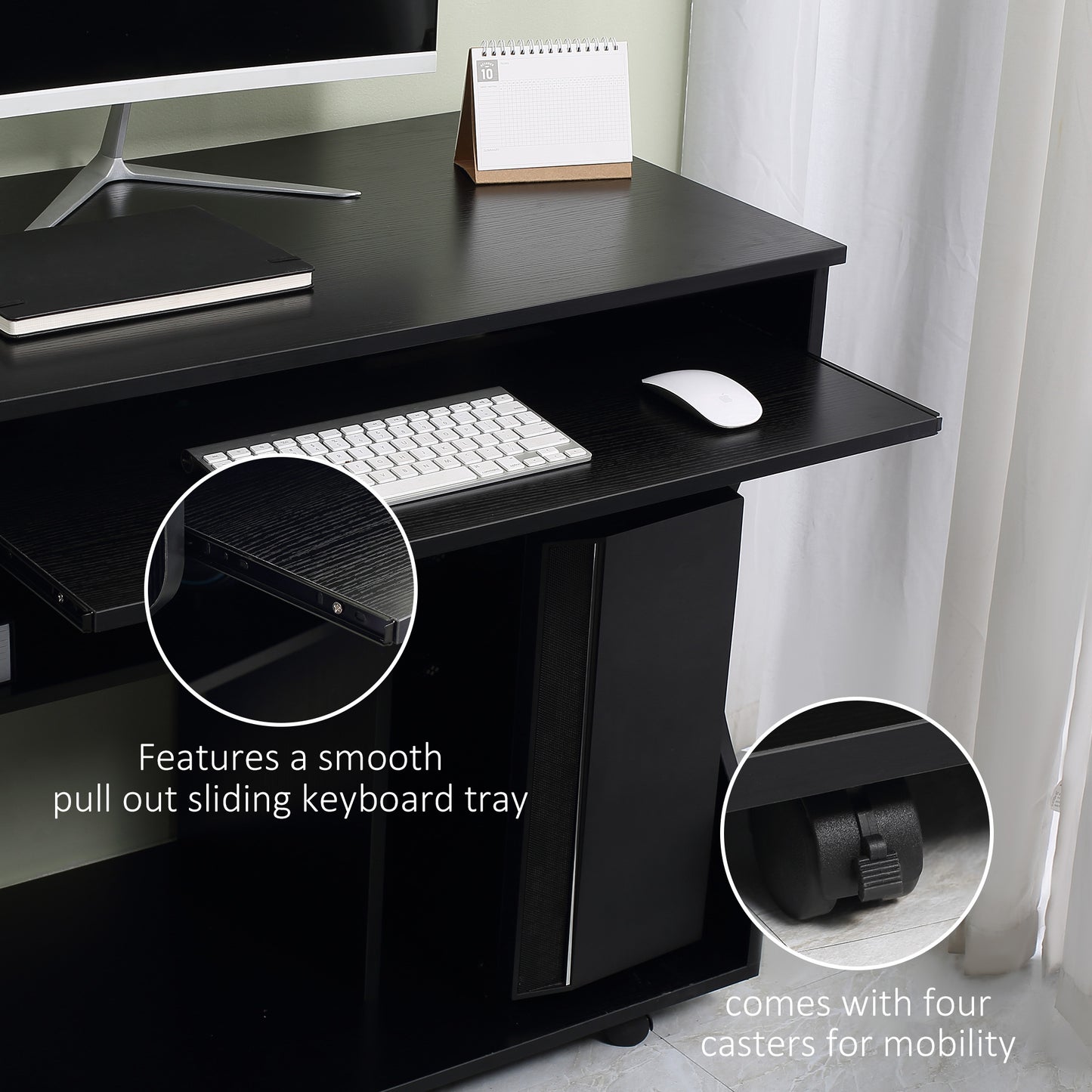 HOMCOM Multi-Storage Compact Work Desk, with Wheels - Black