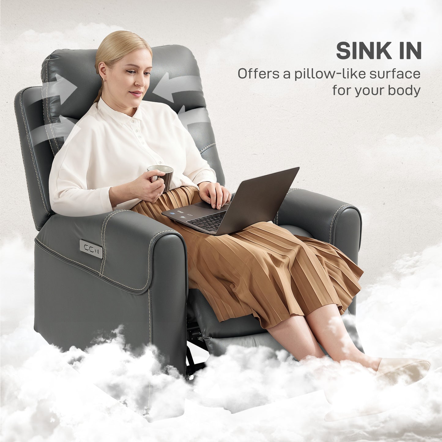 HOMCOM Power Lift Recliner Chair, Overstuffed Faux Leather with USB A+C Ports, Remote Control for Living Room, Charcoal Grey