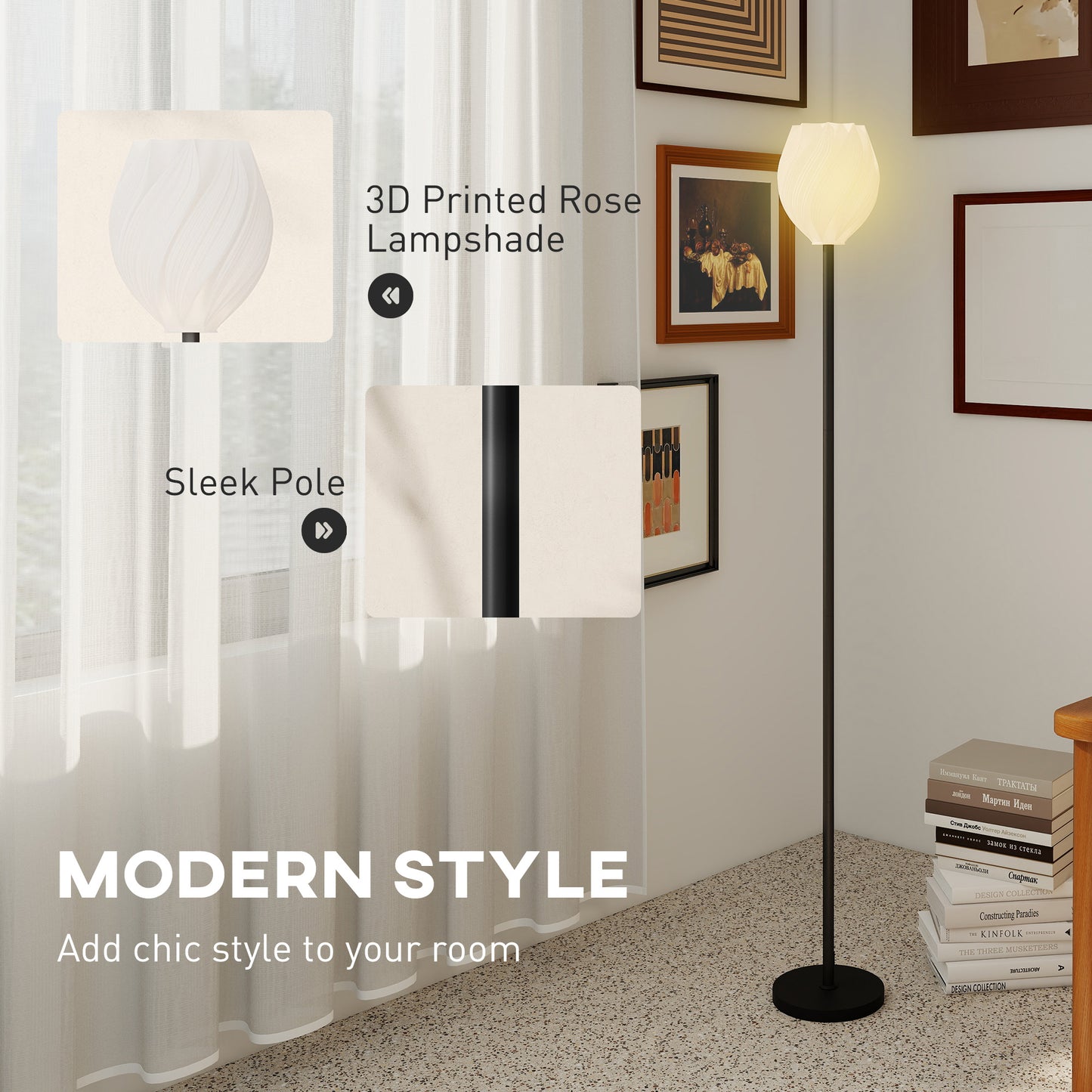 HOMCOM Flower Floor Lamp, 3D Printed Modern Standing Lamp w/ Rose Shade, 3 Color Temps & Foot Switch, Tall Minimalist Lampshade, White