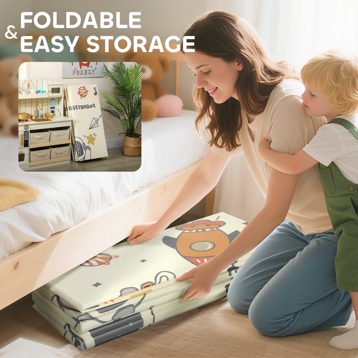 AIYAPLAY Baby Play Mat, Double Sideded Foldable Kids Crawling Mat, Reversible & Waterproof, Astronaut and Planet