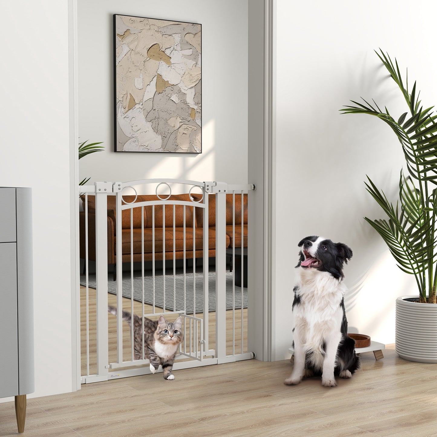 PawHut 96cm Tall Dog Gate with Cat Door, 7cm and 14cm Extensions, for Stairs & Doorways, 76-104cm Width