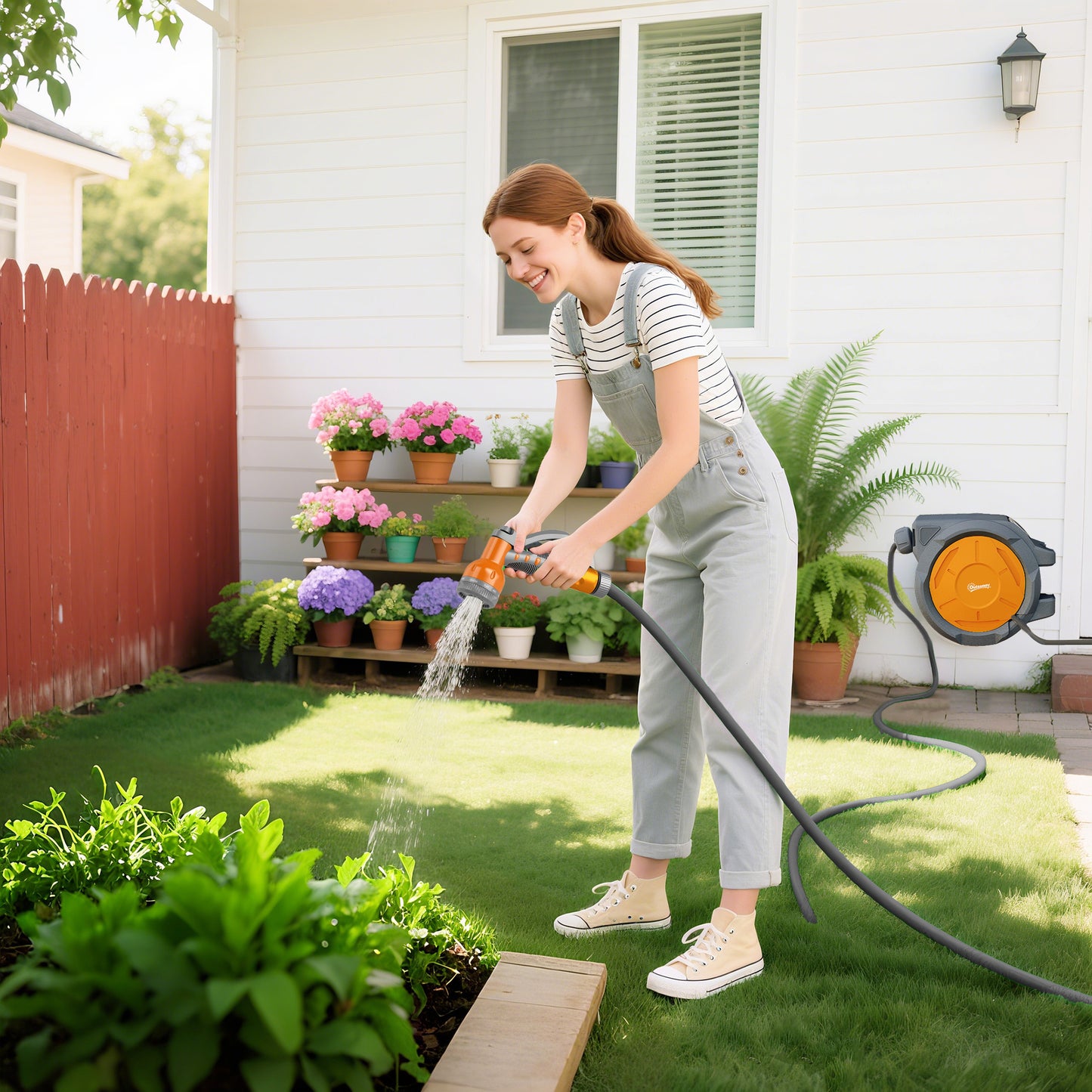 Outsunny Retractable Hose Reel, Wall Mounted, 32m, Auto Rewind, 7-in-1 Spray Nozzle, Wall Fixings, 180° Swivel, Garden Watering, Orange
