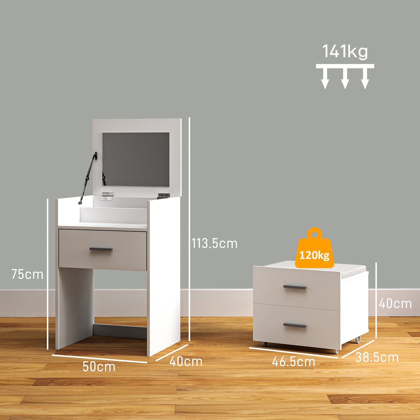 HOMCOM Vanity Desk with Mirror, Modern Dressing Table and Stool w/2 Drawers, Wheels, Flip-Up Mirror, Shelf, White