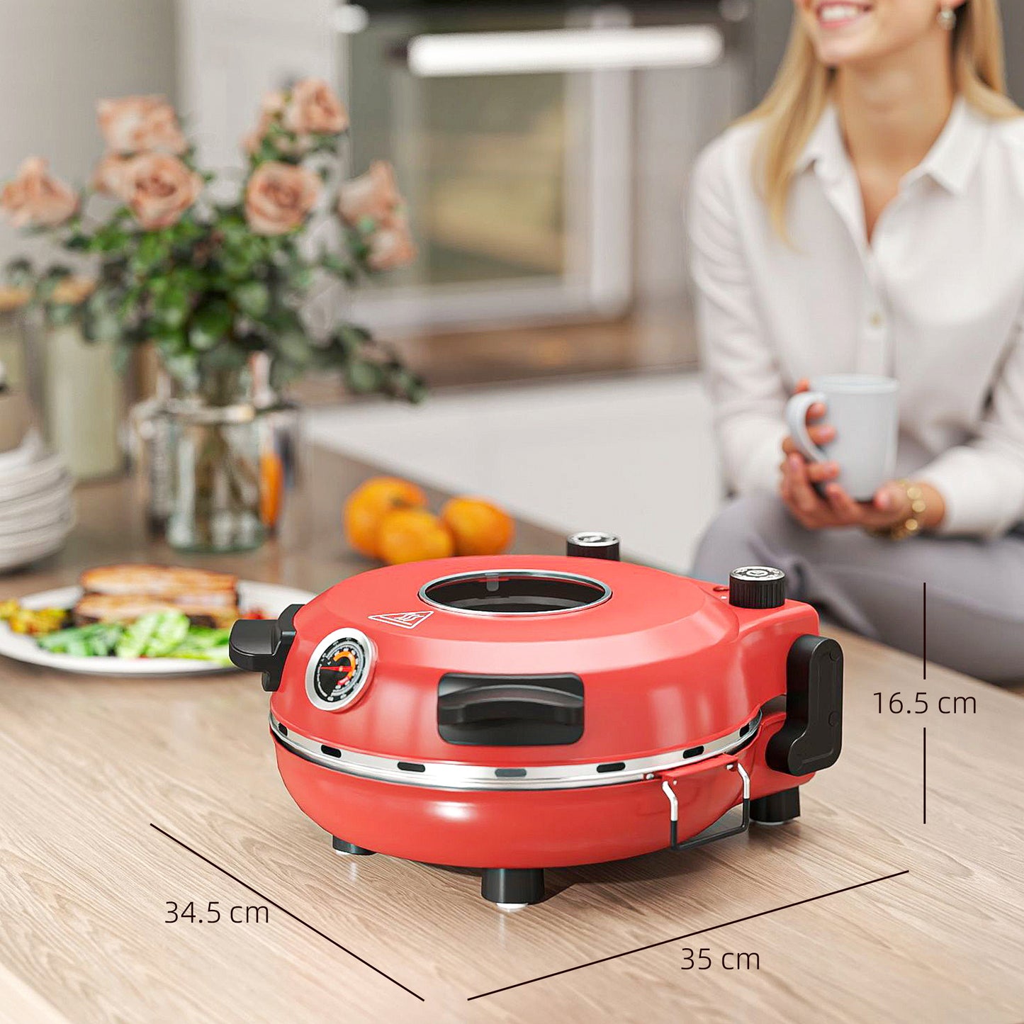 HOMCOM 1200W Pizza Oven, 12 Inch Electric Pizza Maker with Viewing Window, Dual Knob Temp & Timer Control, Overheat Protection, Red