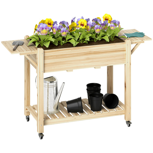 Outsunny Raised Garden Bed, Wooden Planter Box with Wheels, Side Tables, Shelf, Liner & Drainage Holes
