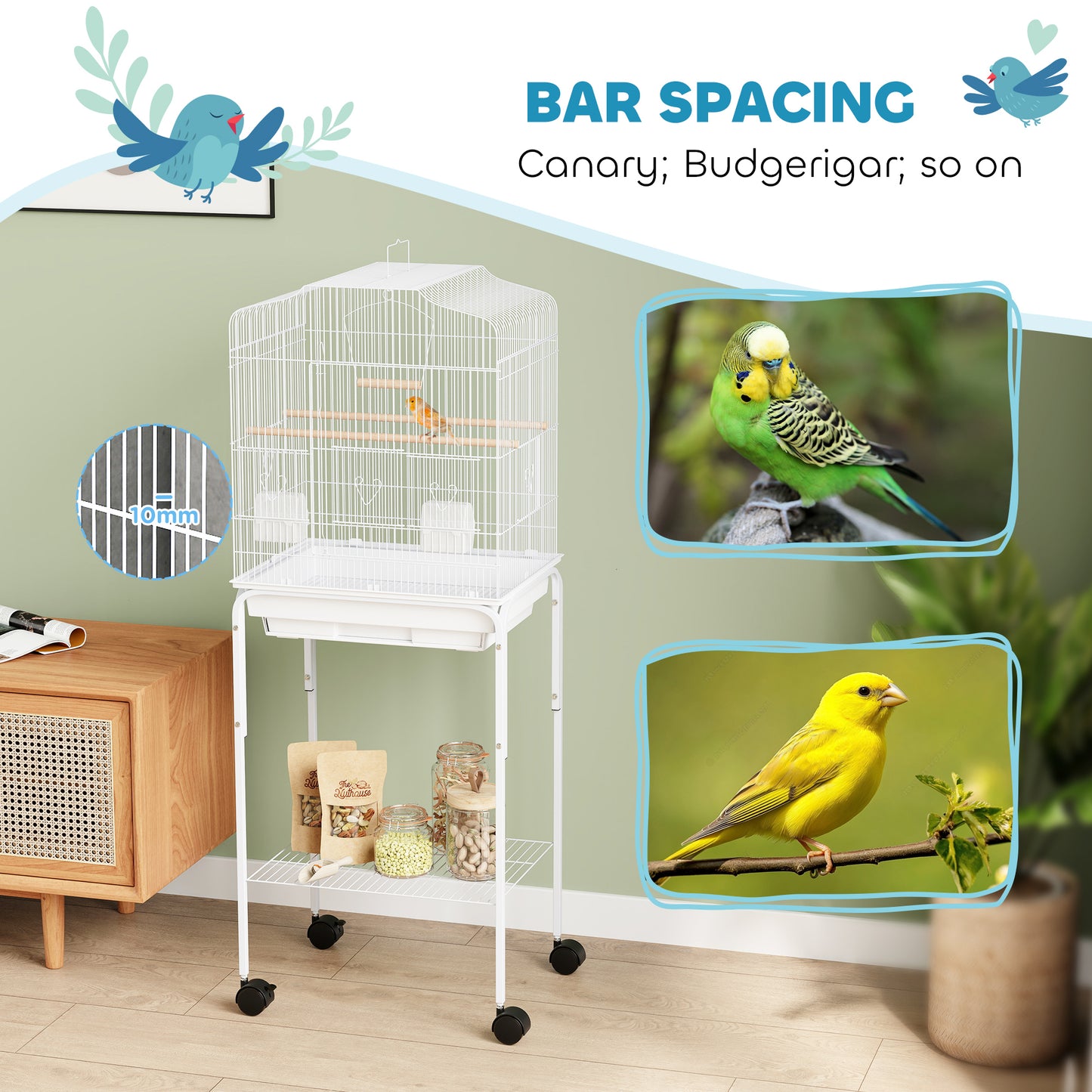 PawHut Bird Cage Budgie Cages for Finch Canary Parakeet with Stand Wheels Slide-out Tray Accessories Storage Shelf, White