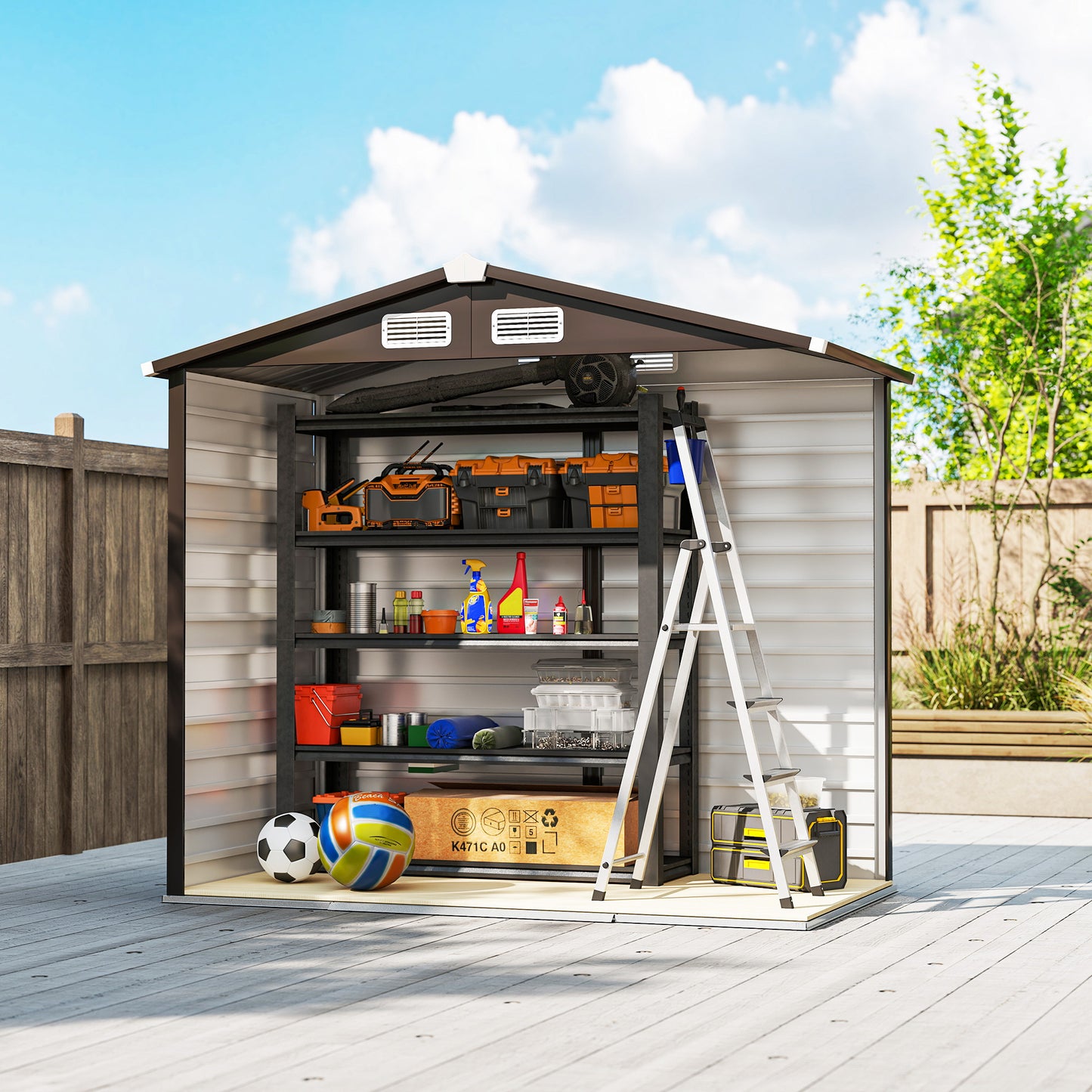Outsunny 7 x 4ft Garden Shed, Galvanised Steel Frame, Foundation Kit, Double Doors with Lock, Vents and Gloves, Garden Storage, Natural