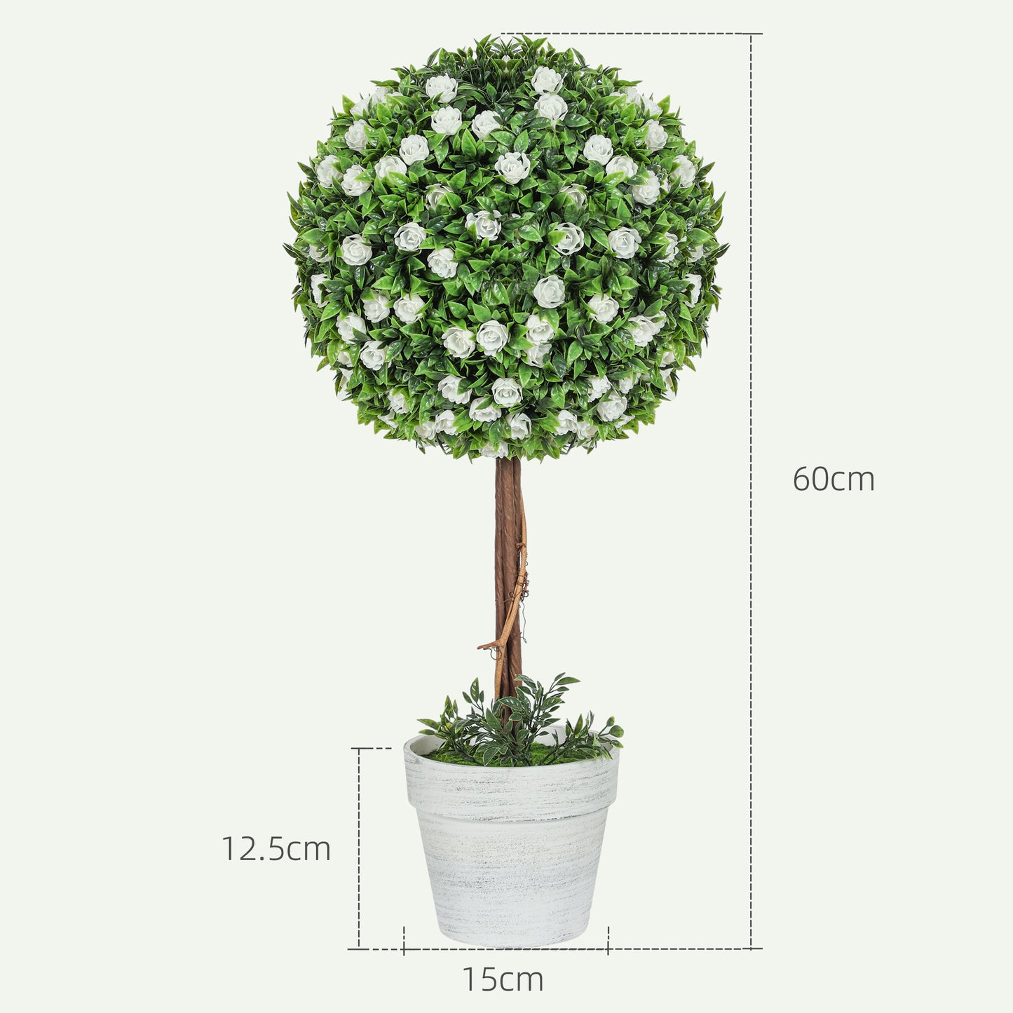 HOMCOM Set of 2 Decorative Artificial Plants, Ball Topiary Tree with Rose Flower in Pot, White