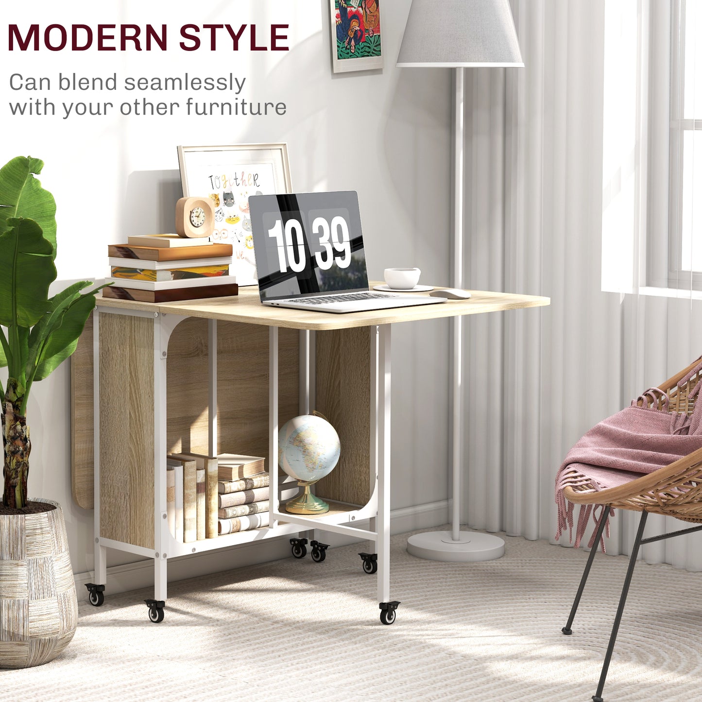 HOMCOM Mobile Drop Leaf Table, Folding Kitchen Table with Wheels & Storage Shelf, Natural Wood