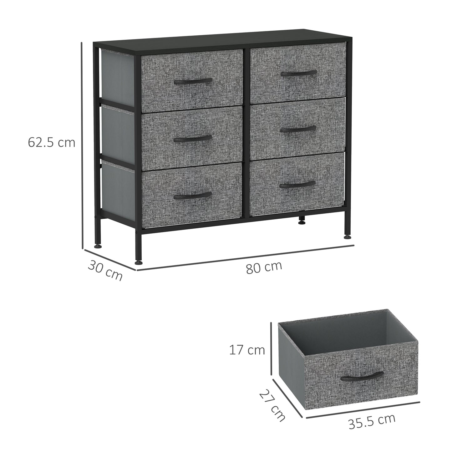 HOMCOM Industrial Dresser with 6 Fabric Drawers, Steel Frame & Wooden Top for Nursery, Living Room, Hallway, Black