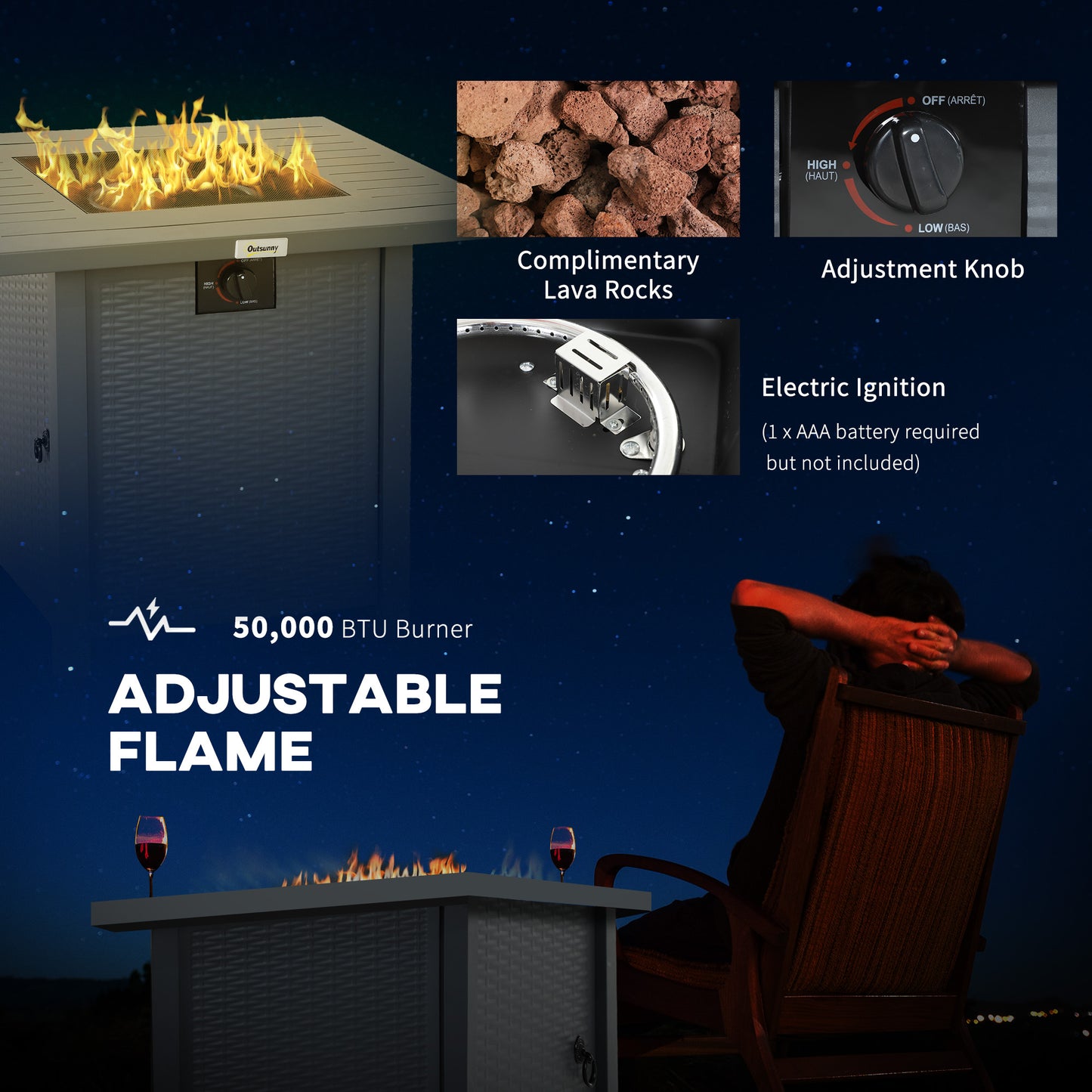Outsunny Rattan-style Gas Fire Pit Table, 40,000 BTU Burner, Smokeless Patio Heater, Grey + Accessories
