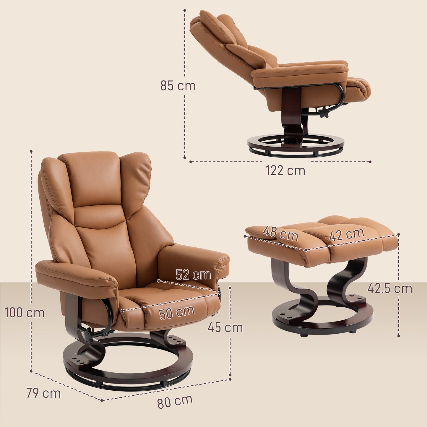HOMCOM 360° Swivel Recliner Chair with Footstool, PU Leather Manual Recliner, Solid Wood Base, Upholstered for Living Room, Bedroom, Office, Brown