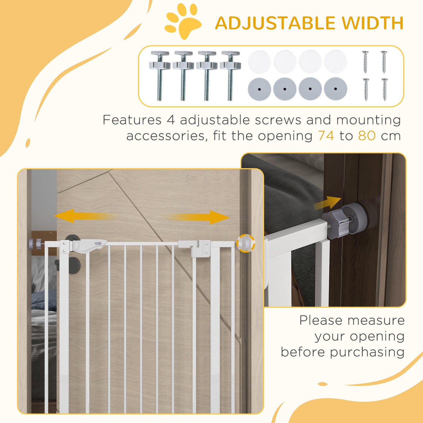 PawHut Extra Tall Pet Gate Indoor Dog Safety Gate with Cat Flap Auto Close 74-80cm Wide - White