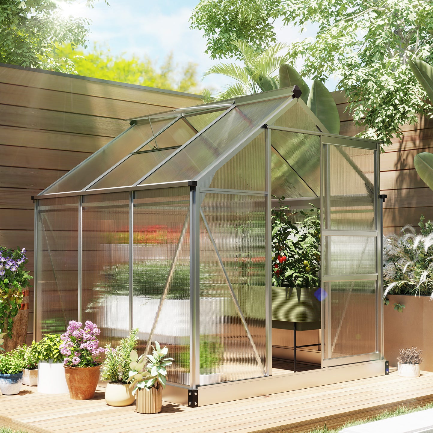 Outsunny Polycarbonate Greenhouse, Large Walk-In Green House with Slide Door and Window, Aluminium Frame, 6x6ft, Silver Tone