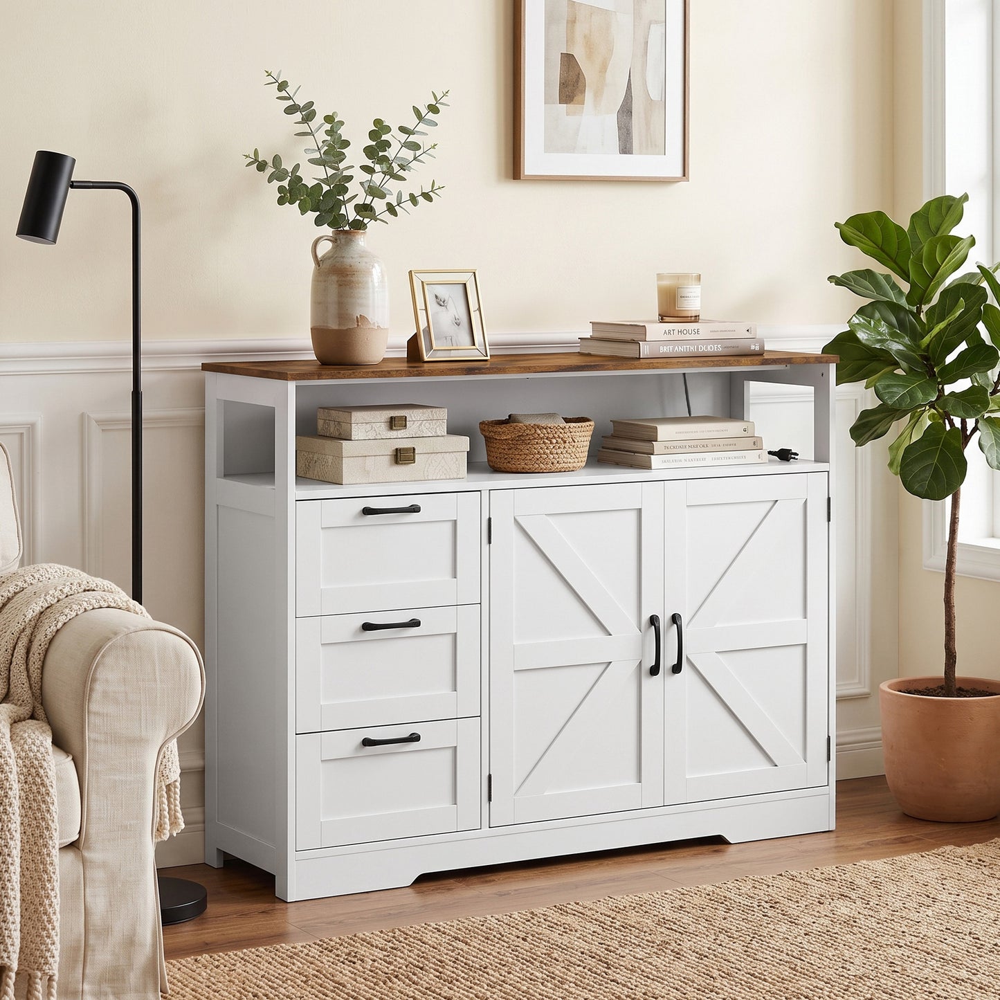 HOMCOM Sideboard Cabinet with Power Outlet, Farmhouse Kitchen Cabinet with 3 Drawers and Open Shelf, White
