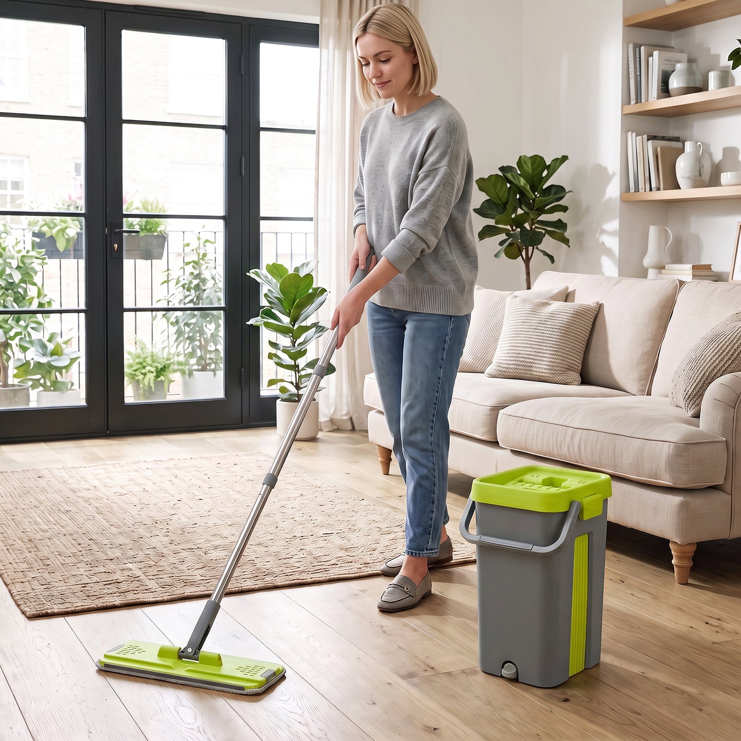 HOMCOM Mop and Bucket Set, Compact Flat Mop System with Wringer, 2 Chambers, 5 Reusable Pads, Dark Grey and Green