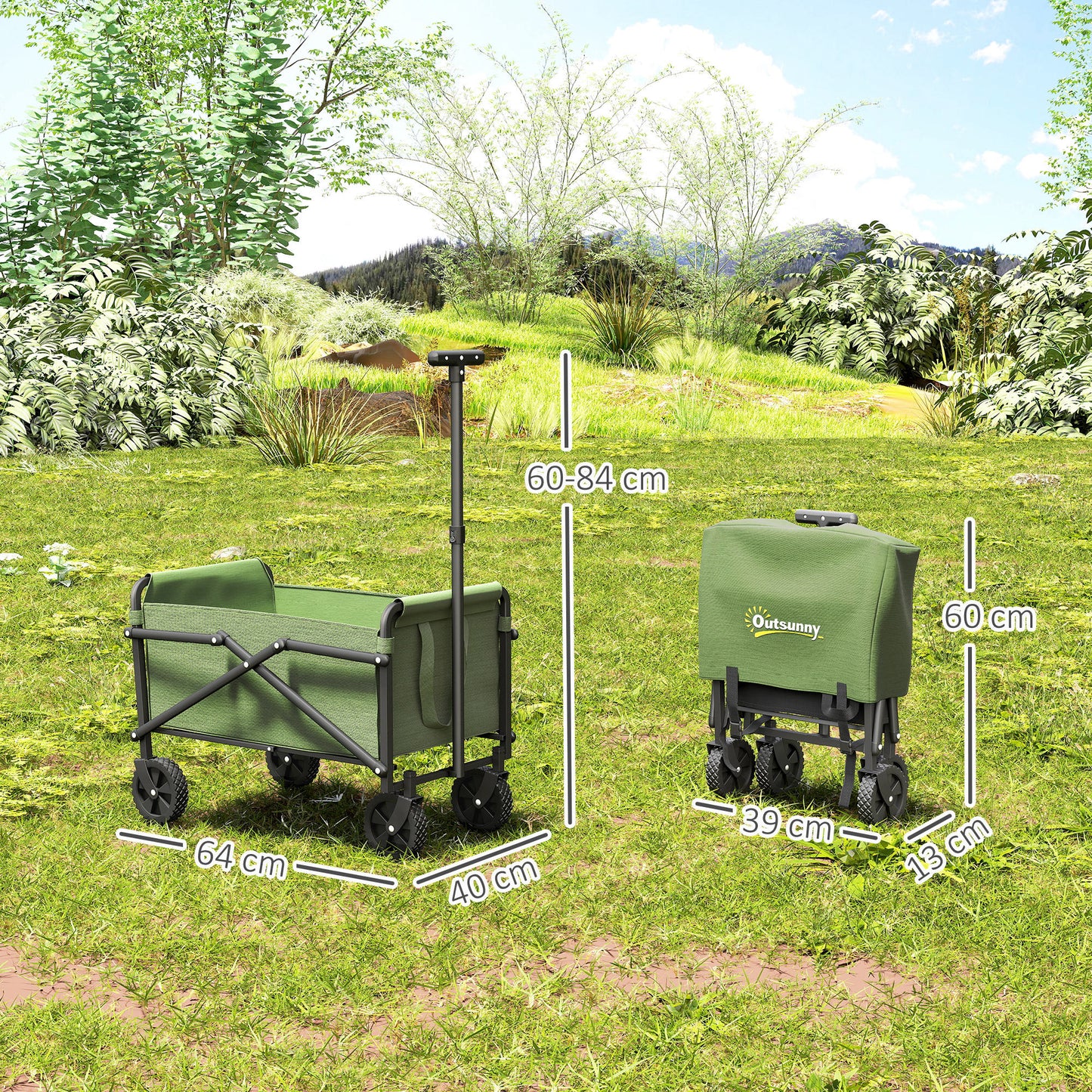 Outsunny 41L Festival Trolley on Wheels, 60kg Folding Wagon with Adjustable Handle & Carrying Bag for Beach, Camping, Festival, Green