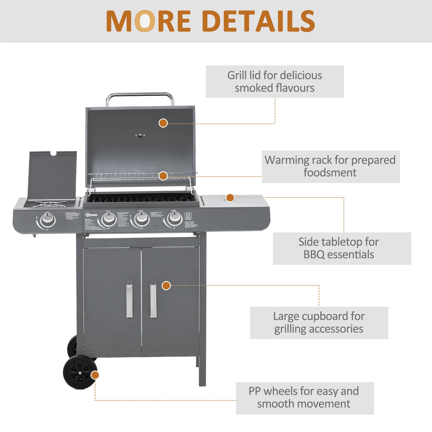 Outsunny 3+1 Burner Gas BBQ Grill, Outdoor Trolley with Wheels, Warming Rack, Side Shelves, Thermometer, Cabinet, 110Lx50Wx100Hcm, Grey