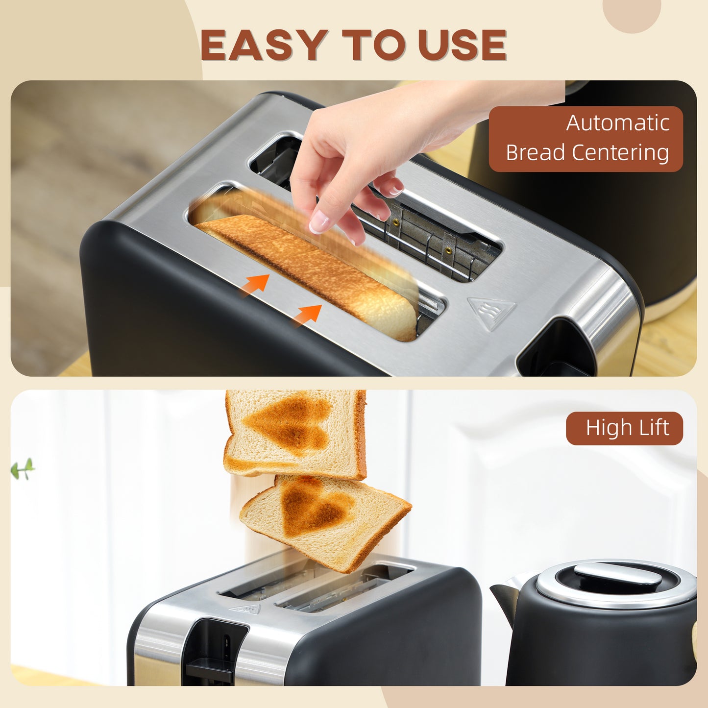 HOMCOM Kettle & Toaster Set, 1.7L 3000W Fast Boil & 2 Slice, 7 Browning Levels, Defrost, Black